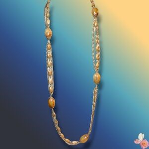 Vintage Hong Kong Signed Caramel Glass Bead Long Gold-Tone Necklace 501